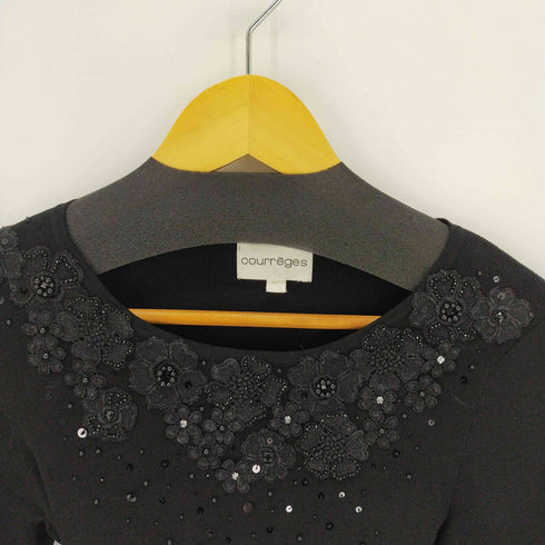 クレージュ courreges 花刺繍 スパンコール長袖カットソー ビーズ レディース 36