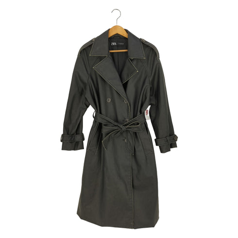 ザラ ZARA DISTRESSED FAUX LEATHER TRENCH COAT フェイクレザートレンチコート レディース import:L