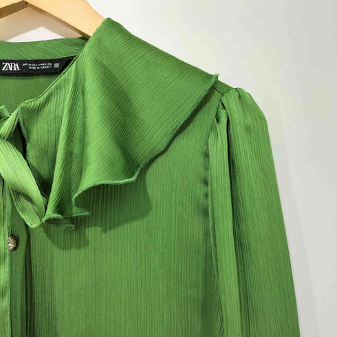 ザラ ZARA ビジューボタン シアーボウタイシャツブラウス レディース import:M