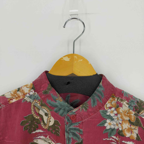identic アロハシャツ 総柄半袖シャツ S/Sシャツ バンドカラー パイナップル ハイビスカス メンズ L
