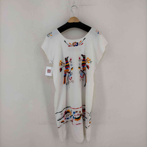 メキシコ オトミ フラワー x バード マルチカラー刺繍 ノースリーブワンピース 袖裾シングル レディース