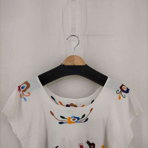 メキシコ オトミ フラワー x バード マルチカラー刺繍 ノースリーブワンピース 袖裾シングル レディース