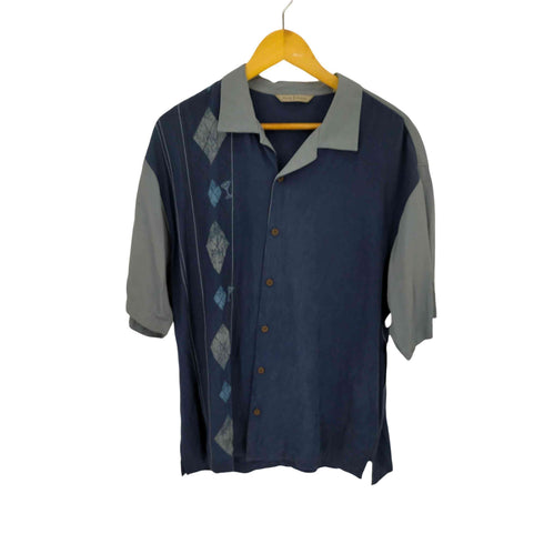 トミーバハマ Tommy Bahama ダイヤ柄 シルク100% 開襟シャツ ウッドボタン メンズ import:L