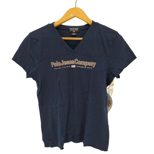 ポロジーンズカンパニーラルフローレン POLO JEANS COMPANY RALPH LAUREN ラメ ロゴプリント Vネック 半袖Tシャツ レディース import:L