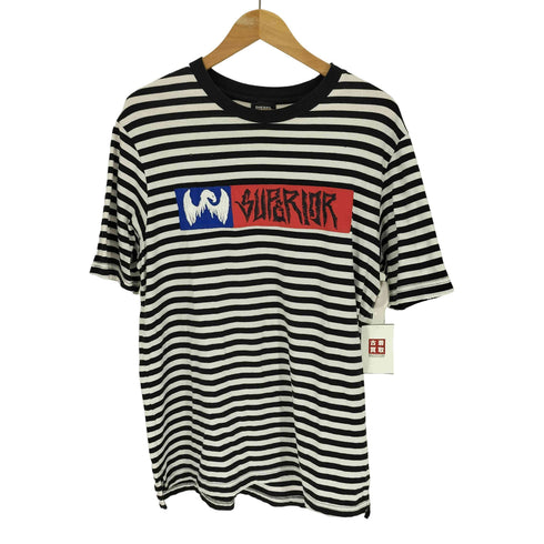 ディーゼル DIESEL SUPRIOR ロゴワッペン ダメージ加工 ボーダー柄 コットン S/S Tシャツ メンズ JPN:M