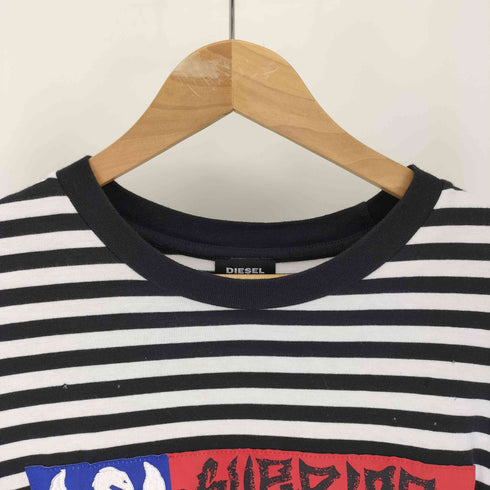 ディーゼル DIESEL SUPRIOR ロゴワッペン ダメージ加工 ボーダー柄 コットン S/S Tシャツ メンズ JPN:M
