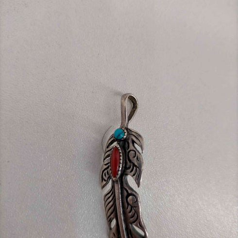 ナバホ NAVAJO 925刻印 ターコイズ コーラル フェザー ペンダントトップ メンズ