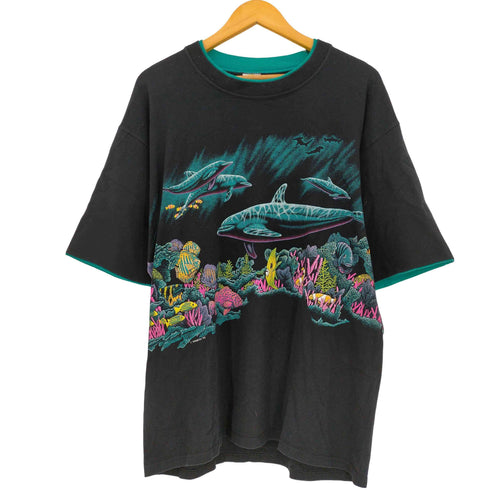 CALCRU 90s USA製 両面プリント 熱帯魚 珊瑚 イルカ Tシャツ メンズ JPN:L