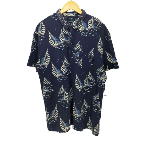 ポロラルフローレン POLO RALPH LAUREN ヨット柄 鹿の子半袖ポロシャツ メンズ XL
