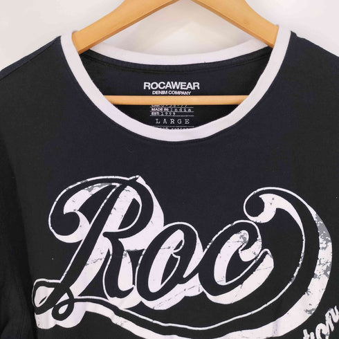 ロカウェア Rocawear ひび割れ加工 フロントプリント クルーネック リンガーTシャツ メンズ import:L