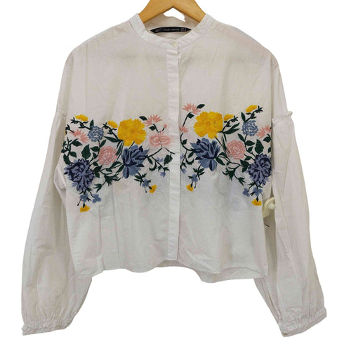 ザラ ZARA 花柄刺繍ノーカラーシャツ レディース M