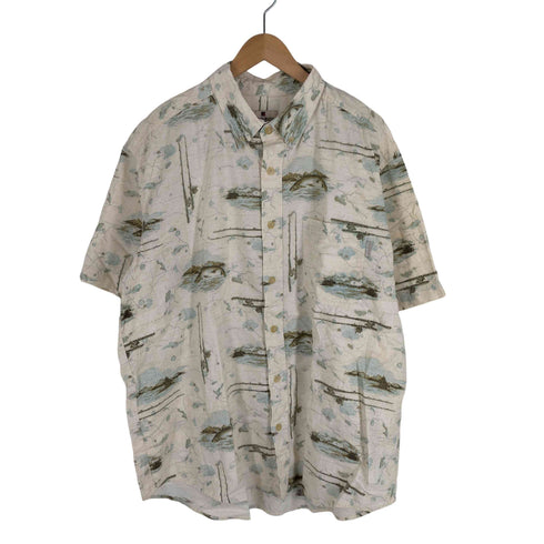 ウールリッチ WOOLRICH BLUEGRASS FISH & MAP フィッシュプリント 総柄 半袖ボタンダウンシャツ メンズ import:XL