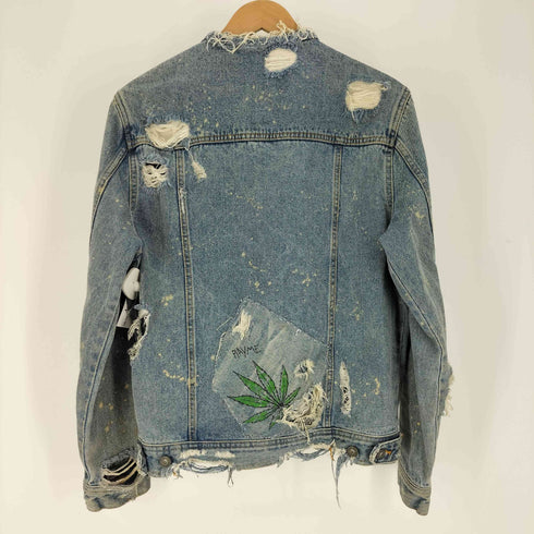 ザラ ZARA ウォッシュド マリファナ プリント パッチ ダメージ デニムジャケット メンズ import:M