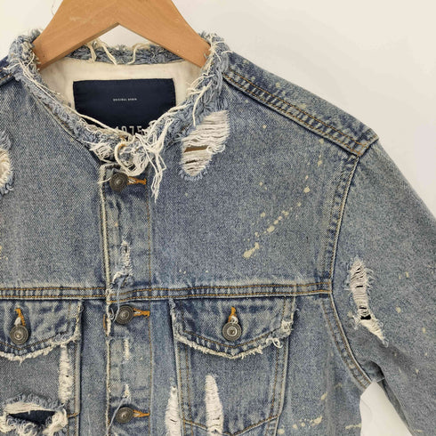 ザラ ZARA ウォッシュド マリファナ プリント パッチ ダメージ デニムジャケット メンズ import:M
