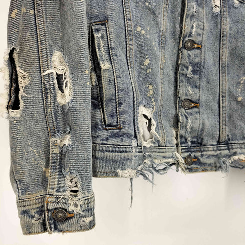 ザラ ZARA ウォッシュド マリファナ プリント パッチ ダメージ デニムジャケット メンズ import:M