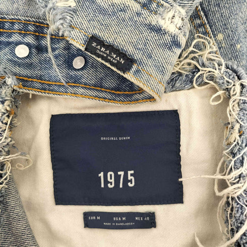 ザラ ZARA ウォッシュド マリファナ プリント パッチ ダメージ デニムジャケット メンズ import:M