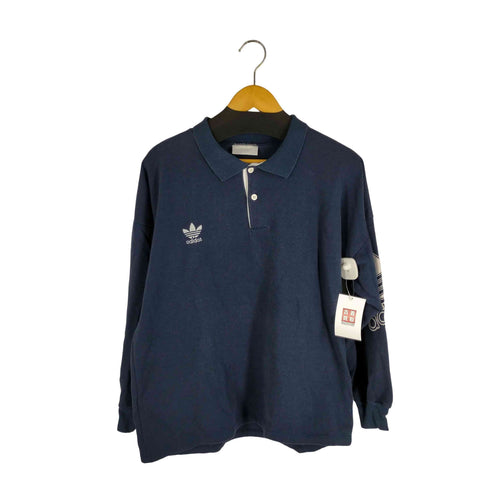 アディダス adidas 白タグ トレフォイルロゴ 袖フロッキープリント スウェット地 長袖ポロシャツ ナス紺 メンズ import:L