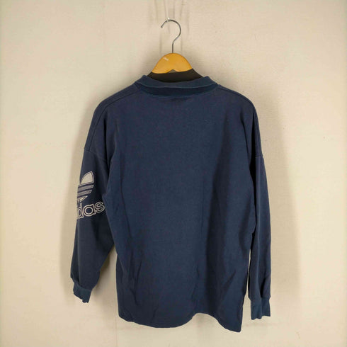 アディダス adidas 白タグ トレフォイルロゴ 袖フロッキープリント スウェット地 長袖ポロシャツ ナス紺 メンズ import:L