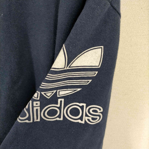 アディダス adidas 白タグ トレフォイルロゴ 袖フロッキープリント スウェット地 長袖ポロシャツ ナス紺 メンズ import:L