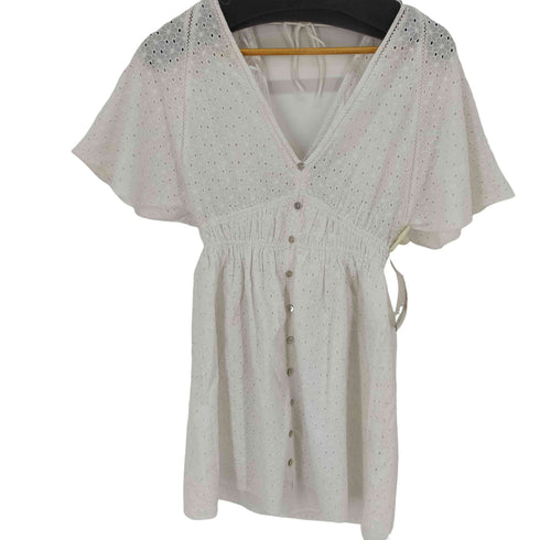 ザラ ZARA カットワークレース Vネックトップス バックリボン紐 ラグラン袖 レディース import:S