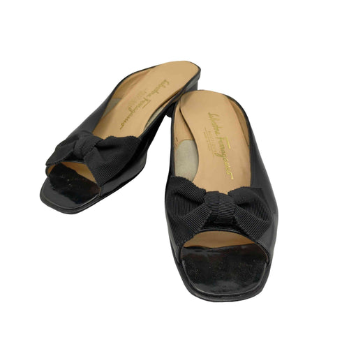 サルヴァトーレフェラガモ Salvatore Ferragamo リボン エナメル オープントゥ ヒール ミュール レディース 6 1/2
