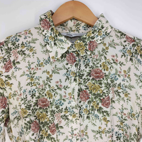 ザラ ZARA ウエストベルト 花柄 ハーフボタンシャツワンピース レディース import:XS