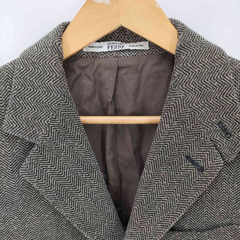 ジャンフランコフェレ GIANFRANCO FERRE イタリヤ製 レザーエルボパッチ付きヘリンボーンテーラード メンズ 46