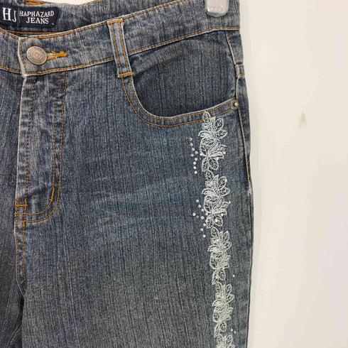 HAPHAZARD JEANS 00s Y2K ラインストーン 花刺繍 カットオフフレアデニムパンツ レディース 29