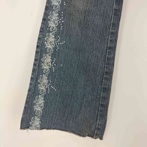 HAPHAZARD JEANS 00s Y2K ラインストーン 花刺繍 カットオフフレアデニムパンツ レディース 29