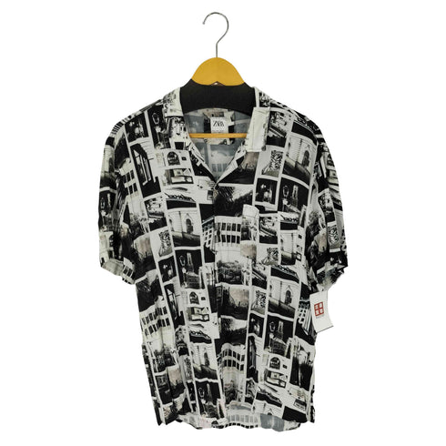 ザラ ZARA 総柄転写プリント開襟S/S シャツ メンズ import:L