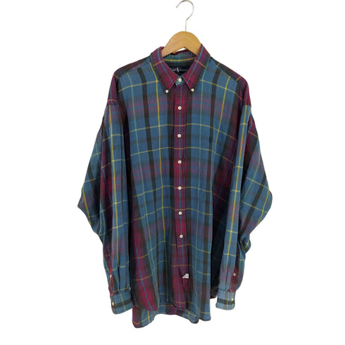 ラルフローレン RALPH LAUREN 90s MADE IN INDIA スモールポニー刺繍 ボタンダウンチェックL/Sシャツ メンズ import:XL