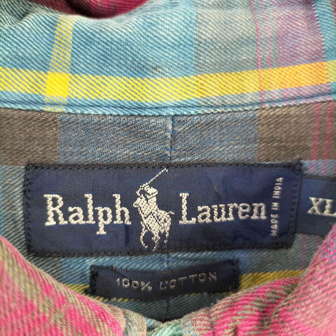 ラルフローレン RALPH LAUREN 90s MADE IN INDIA スモールポニー刺繍 ボタンダウンチェックL/Sシャツ メンズ import:XL