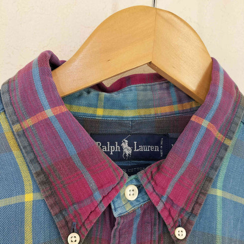 ラルフローレン RALPH LAUREN 90s MADE IN INDIA スモールポニー刺繍 ボタンダウンチェックL/Sシャツ メンズ import:XL