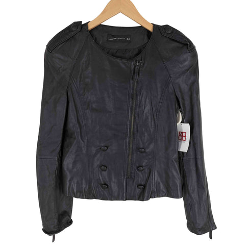 ザラ ZARA ラムレザー ノーカラー ジャケット 裾ジップ レディース import:M