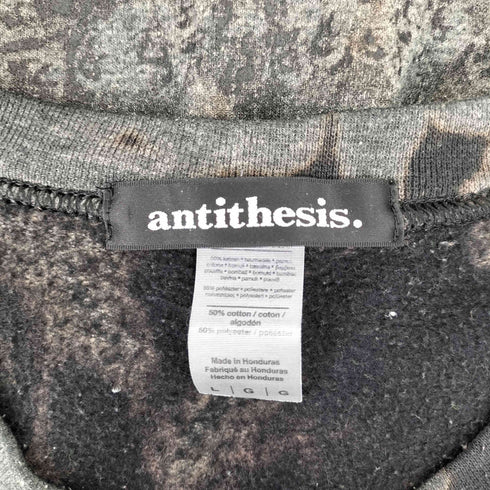 アンチセーシス antithesis. ダメージダスト ブリーチ バックプリント 裏起毛 クルーネックスウェット メンズ import:L