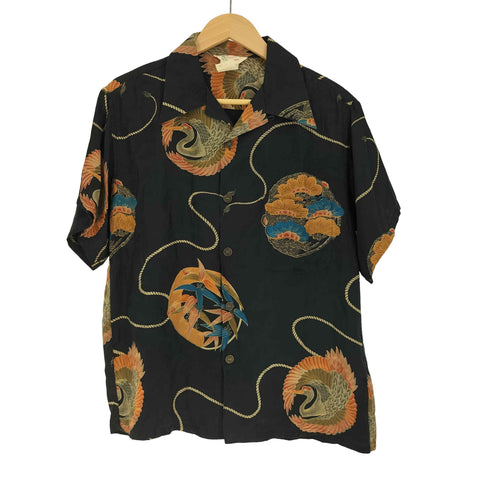 パラダイスファウンド PARADISE FOUND 80S-90S 鶴 和柄 銭ボタン 開襟オープンカラー シルクシャツ アロハシャツ メンズ import:M