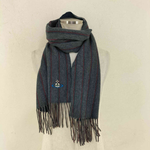 ヴィヴィアンウエストウッド Vivienne Westwood カシミヤ100% オーブ刺繍 フリンジ ストライプマフラー メンズ