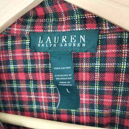 ローレンラルフローレン LAUREN RALPH LAUREN エンブレム 刺繍 チェック 開襟 オープンカラー パジャマ シャツ レディース import:L