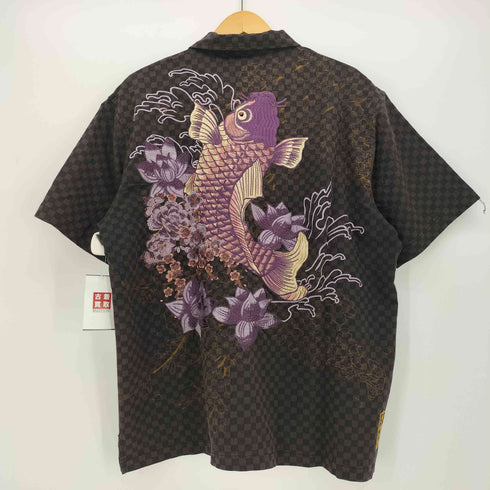 カラクリダマシイ 絡繰魂 紫鯉刺繍 和柄半袖 アロハシャツ メンズ XXL