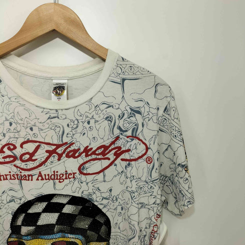 ED HARDY BY CHRISTIAN AUDIGIER 両面プリント スカル ラインストーン クルーネックTシャツ レディース import:S