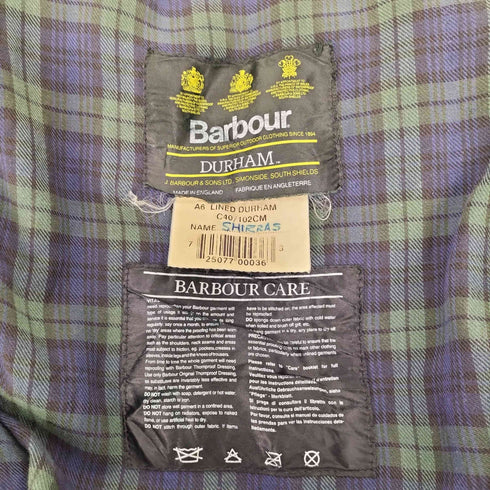 バブアー Barbour 90S 英国製 3ワラント DURHAM ダーハム 裏地チェック オイルドジャケット 95年製 メンズ C40
