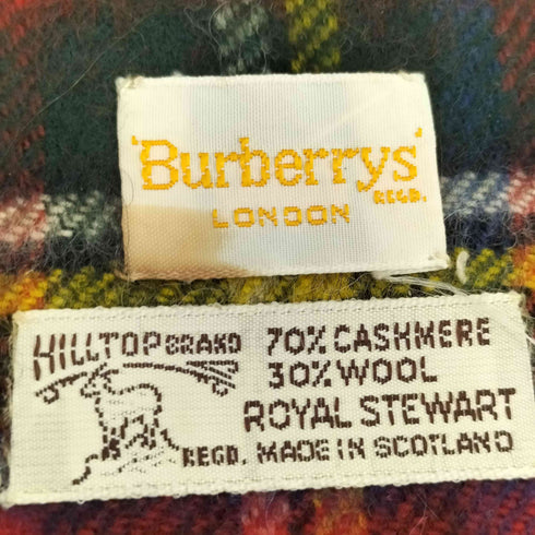 バーバリーズ BURBERRYS 80-90S スコットランド製 白タグ ウール混 カシミヤ タータンチェック フリンジ マフラー レディース
