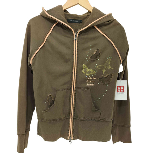 カルバンクラインジーンズ Calvin Klein Jeans 00S Y2K 蝶々デザイン バタフライ ラインストーン 切りっぱなし ジップアップパーカー レディース M