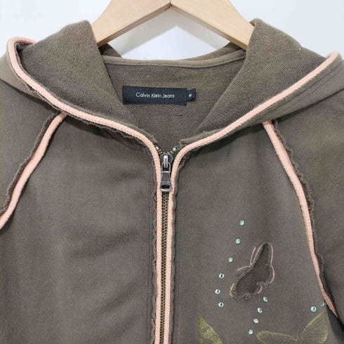 カルバンクラインジーンズ Calvin Klein Jeans 00S Y2K 蝶々デザイン バタフライ ラインストーン 切りっぱなし ジップアップパーカー レディース M