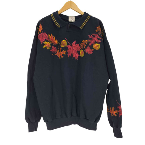 ART UNLIMITED SPORTS WEAR USA製 リーフ プリント ポロ スウェット メンズ import:XL