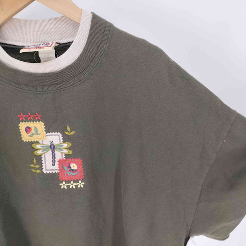 top stitch USA製 花 蝶 フラワー バタフライ 刺繍 レイヤーネック ビッグサイズ スウェット メンズ 2X