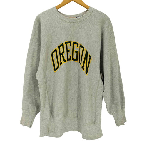チャンピオン Champion 90S 刺しゅうタグ前期 USA製 REVERSE WEAVE 脇リブ 霜降り OREGON アーチプリント クルーネックスウェット メンズ JPN:XL