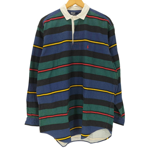 ポロバイラルフローレン Polo by RALPH LAUREN 90s マルチボーダー ポニー刺しゅう 長袖ポロシャツ メンズ JPN:L