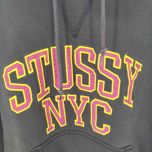 ステューシー Stussy 90S 紺タグ Old STUSSY オールドステューシー NYC プルオーバーパーカー フェードブラック ワッペン 前Vガゼット メンズ JPN:M