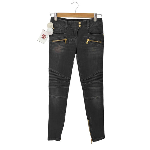 バルマンパリ BALMAIN PARIS バイカーデニムパンツ ブラックデニム バイカーパンツ 裾ジップ 金ジップ レディース JPN:34